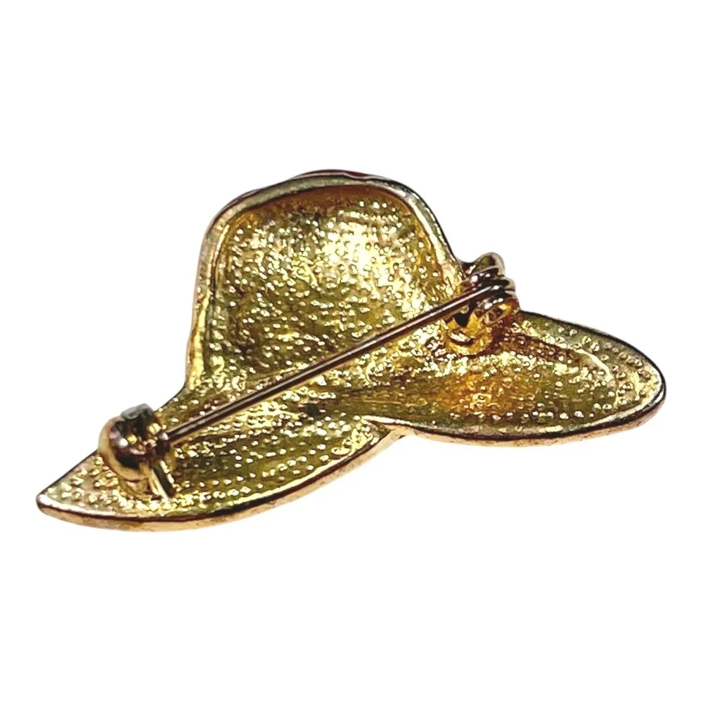 Red Hat Society Brooch Rhinestone Enamel Flower Pin Vintage Kitsch Glam Retro